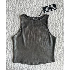 Future Collective NWT Silver Metallic Ribbed Cropped Tank Top S Indie Sleaze Y2K